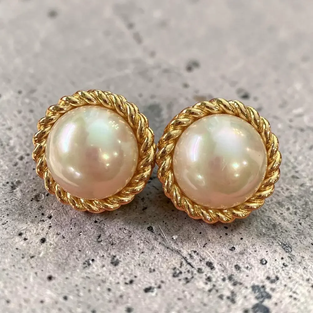 Christian Dior Vintage Faux Pearl Gold Tone Rope Clip On Earrings Signed